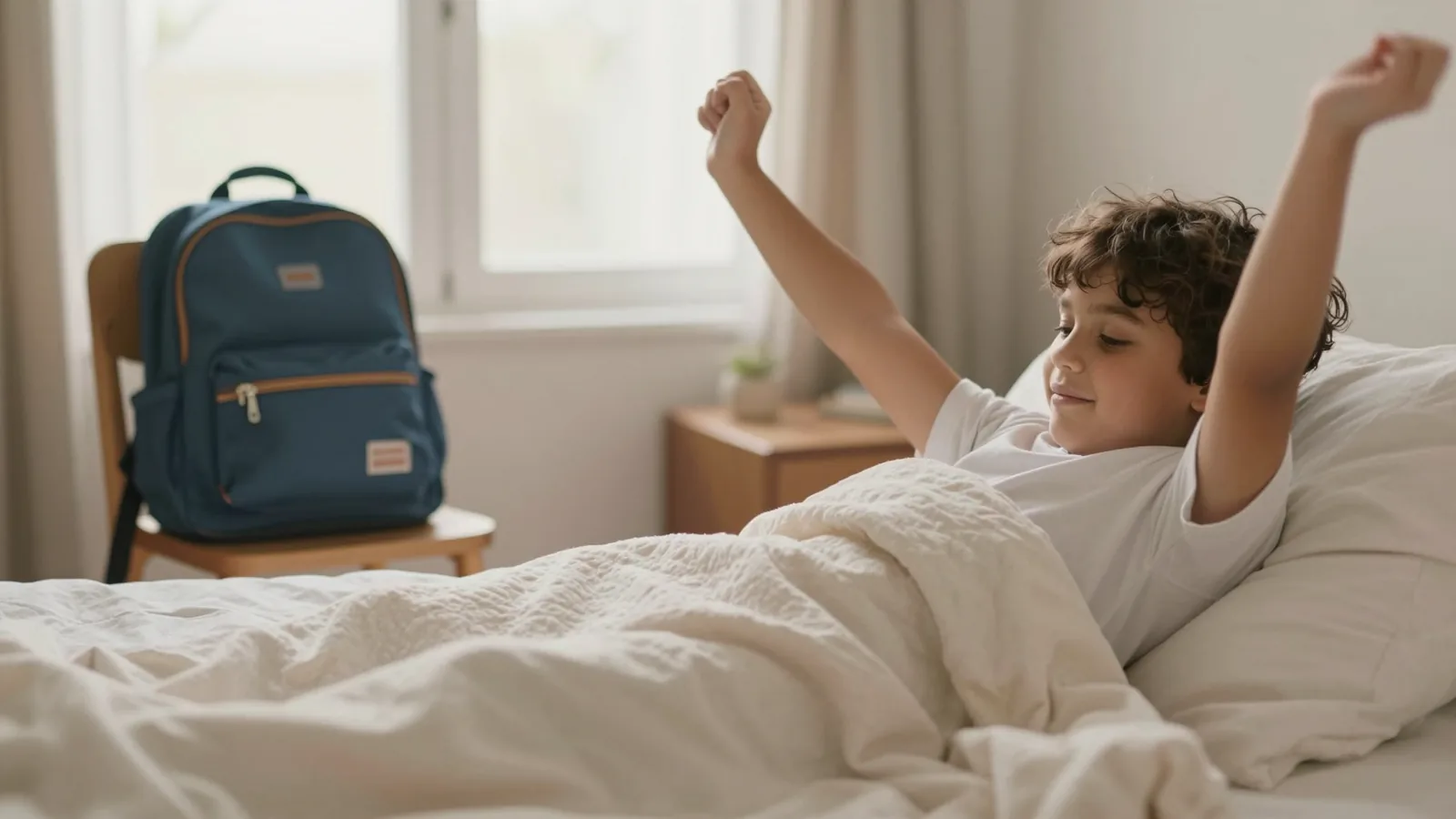 Criança acordando e se espreguiçando na cama, com a mochila da escola pronta na cadeira ao lado