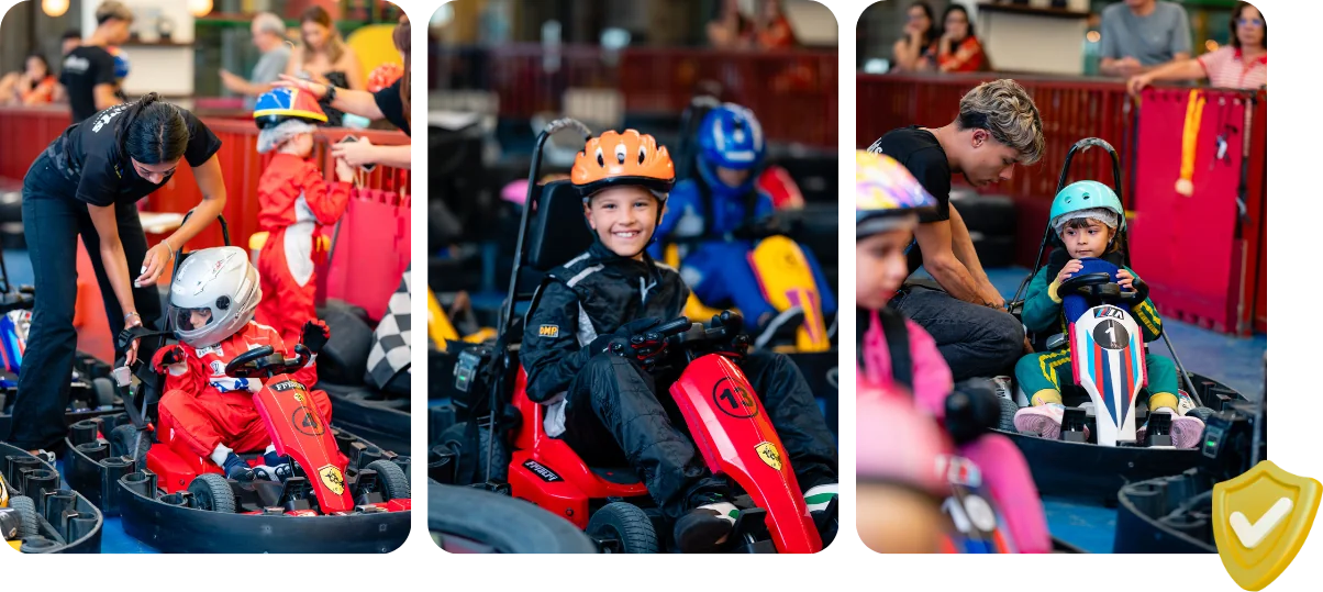 Segurança do kart infantil na eKarts: capacete, cinto de três pontos e monitores treinados